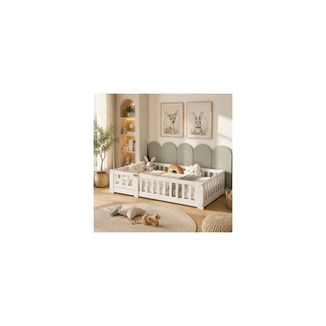 Lit bébé 90x200 cm en pin massif avec barrière de sécurité, finition blanche