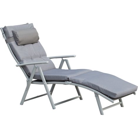 Transat inclinable 7 positions bain de soleil pliable avec matelas accoudoirs métal époxy textileène polyester gris 190x65x35cm