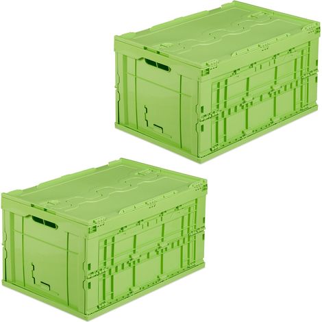 Set of 2 Relaxdays Professional Storage Boxes, Sturdy, Commercial Crate, Lidded, 60x40x32cm, Green