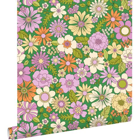 papier peint fleurs rétro vert, violet, beige et orange  - ESTAhome (1/5)