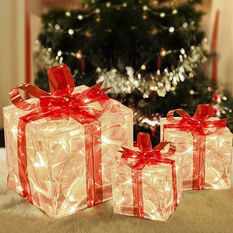 Set mit 3 transparenten, beleuchteten Geschenkboxen mit roten Schleifen, Weihnachtsbaumschmuck, Partydekoration (1/5)