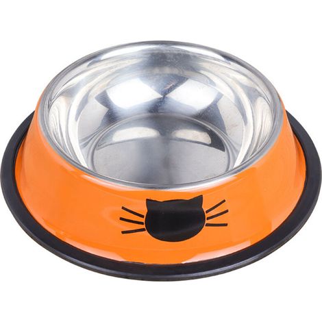 Metal cat bowl, orange, 15.5 x 15.5 x 4.5 cm, 1 piece, stainless steel cat headband, non-slip rubber base (1/4)