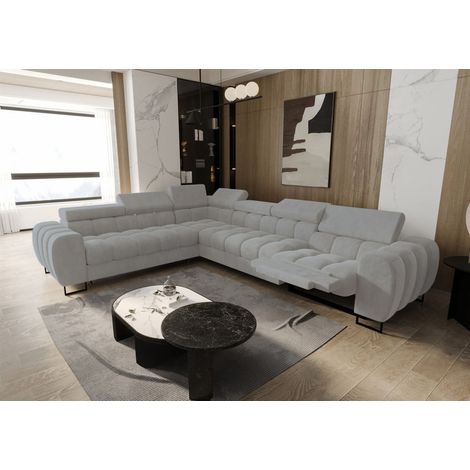 Ecksofa Schlafsofa BASTIEN RELAX in Stoff Terra Hellgrau Ottomane Links