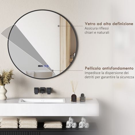 Miroir LED salle de bain Ø70 cm noir, éclairage variable, antibuée, affichage heure et température intégré. (1/5)
