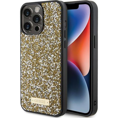 Funda para iPhone 15 Pro Max Guess con logo metálico y diamantes de imitación amarillos (1/5)