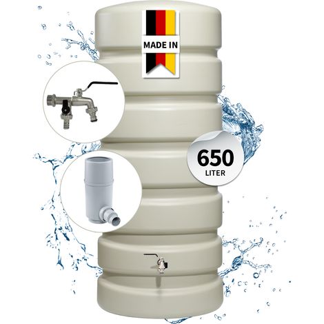4rain CLASSIC Regentonne Wandtank Komplett-Set 650 Liter sandbeige inkl. Chrom-Doppelauslaufhahn und Fallrohranschluss (1/5)