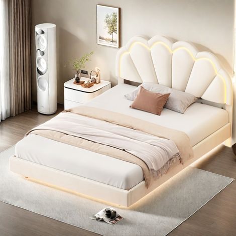 Letto moderno imbottito 140x200cm, letto matrimoniale a LED con testiera floreale, struttura letto matrimoniale in morbido tessuto di velluto, senza materasso (1/5)