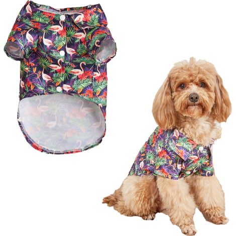 1 chemise pour chien, vêtement estival imprimé flamant rose violet, gilet à revers, polo respirant, pour chiots et petits chiens (1/5)