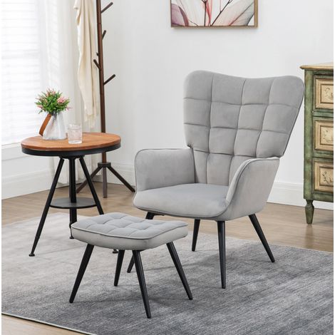 Butaca con reposapiés 73x77.5x98 cm gris claro acero con tapizado efecto terciopelo (1/5)