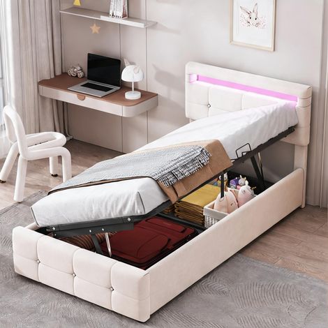 Cadre de lit beige en upholstered 203 x 90 x 105 cm (1/5)