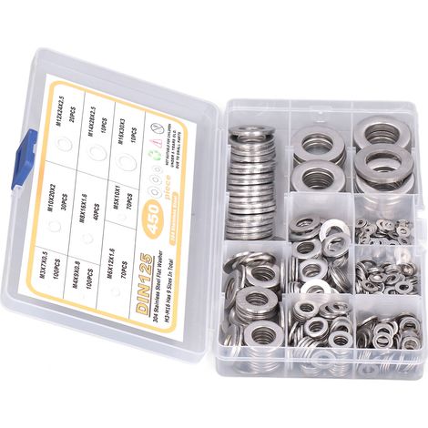 450 Pièces Rondelles Plates Inox 304, Kit M3 à M16 pour Réparations et Montage (1/5)