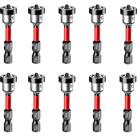 Lot de 10 embouts de vissage magnétiques PH2 pour plaques de plâtre, tige hexagonale 1/4", foret de positionnement de 50 mm pour plaques de plâtre, bois et gypse. (1/5)