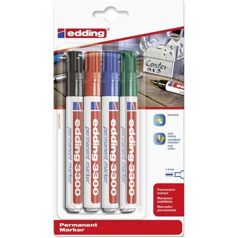 Kit de marqueurs permanents 3300 noir/rouge/bleu/vert, pointe biseautée 1-5 mm (1/3)