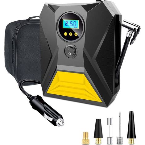 Gonfleur Pneus Voiture, 12V Compresseur À Air Portatif avec Fonction Mémoire, 3 Adaptateurs de Buses, Gonflage Rapide Compresseur pour Vélo