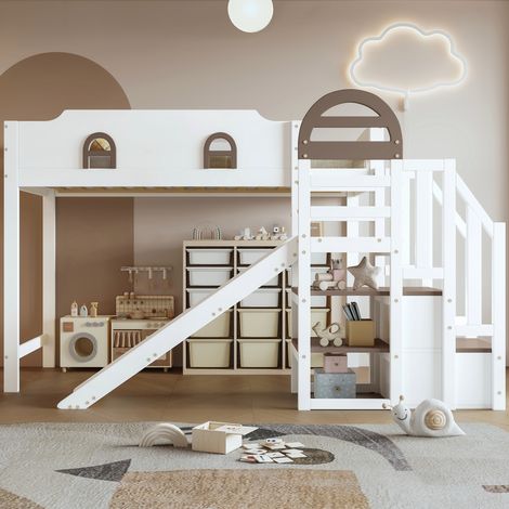 Lit superposé enfant 90x200cm blanc et marron, pin et MDF, 2 placards dans escalier avec main courante, toboggan, fenêtres doubles (1/5)