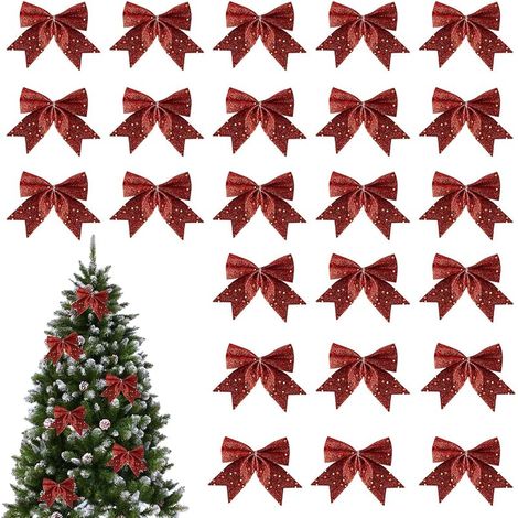 24 Pièces Arcs de Noël Pailletés, Noeud de Ruban de Noël, pour Couronnes de Noël, Décorations de Noël pour Portes, Fenêtres, Jardins (Rouge) (1/5)