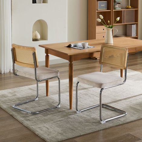 Chaises de salle à manger lot de 2 en velours et cannage, piètement luge beige DESVIAE (1/5)