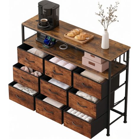 Commode de rangement rustique en bois et métal 110x85x30 cm avec 9 tiroirs et éclairage LED intégrée (1/5)