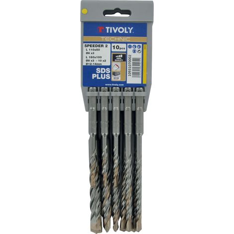 Tivoly • Lot de 10 forets SPEEDER2 SDS+ 2 taillants L 110- 160mm Ø 6 à 14mm