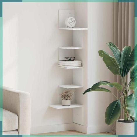étagère d'angle murale - 860517 - blanc - 32 x 32 x 127,5 cm - bois d'ingénierie (1/5)