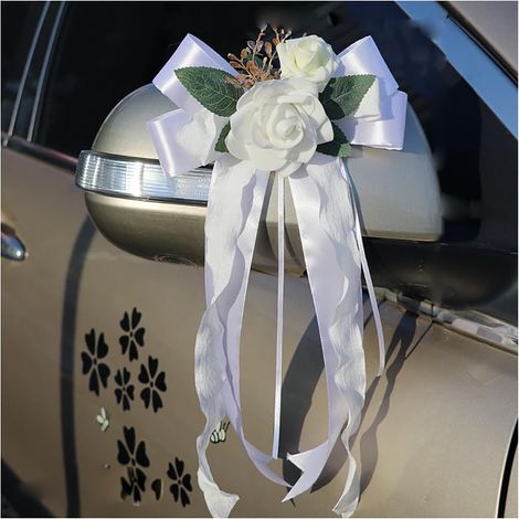 Lot de 4 nœuds en soie, décoration voiture mariage, ruban avec ventouses, poignée porte rétroviseur chaise, couleur assortie