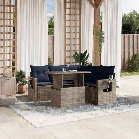 Salon de jardin 6 pièces en résine tressée grise avec coussins et table relevable, 58.6kg - PANGIVO (1/5)