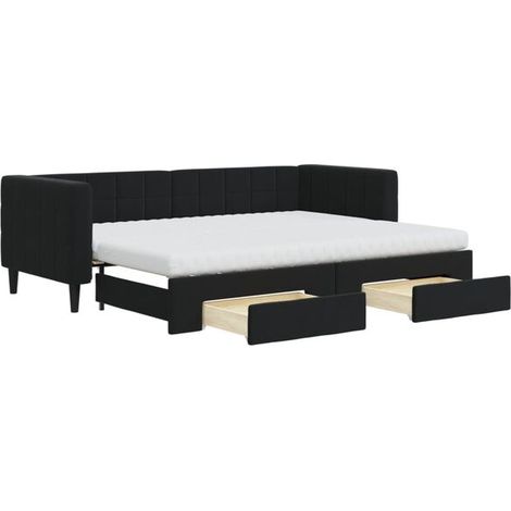 Canapé-lit avec tiroirs et système rabattable, noir, 80x200 cm, tissu velours. (1/5)