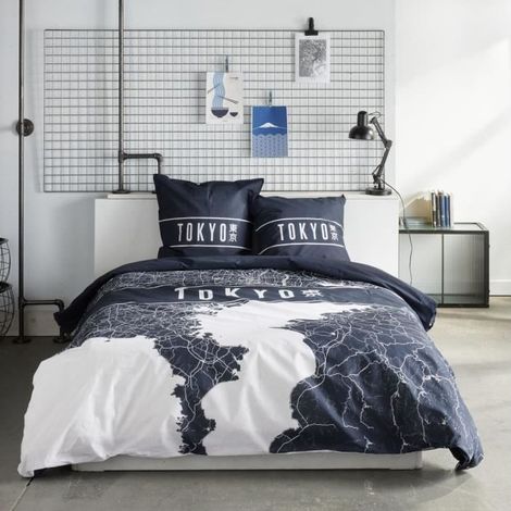 Parure de lit - TODAY - JAVA - 2 personnes - 240x220 cm - Coton - Imprimé Tokyo - Bleu foncé (1/4)
