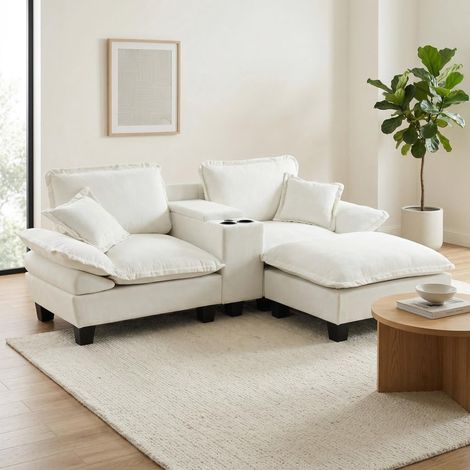 Canapé modulable Chenille, canapé d'angle pour 3 places, design bateau à voile, USB, porte-verres, 1 ottomane & 2 coussins, beige (1/5)
