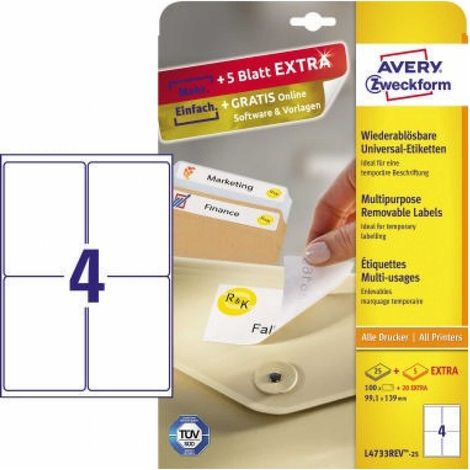 Universaletikett 99,1 x 139 mm (B x H) wieder ablösbar Papier weiß 120 Etik./Pack. (1/5)
