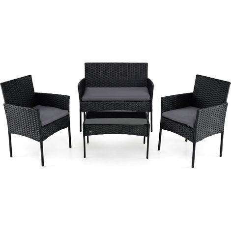 Set di mobili da giardino in rattan sintetico PE, 4 pezzi, cuscini, tavolo in vetro
