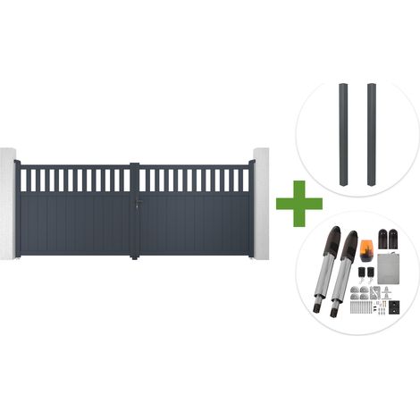 Portail battant 4m SANTIS H.160cm aluminium gris + 2 poteaux ELDA aluminium gris 15x15cm + motorisation Tanker B700 (1/5)