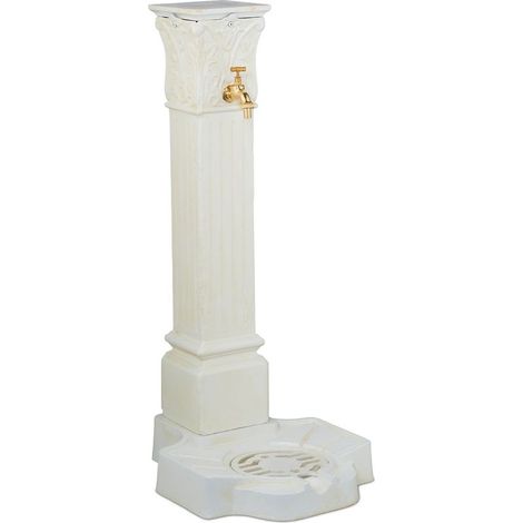 Fontaine de jardin blanche avec robinet – Dimensions H x L x P : 93 x 47 x 38 cm – Bac et grille pour arrosage – Fonte d'aluminium et laiton