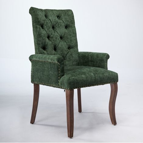Chaise de salle à manger rembourrée en tissu chenille olive avec dossier capitonné et pieds en bois massif incurvés (1/5)