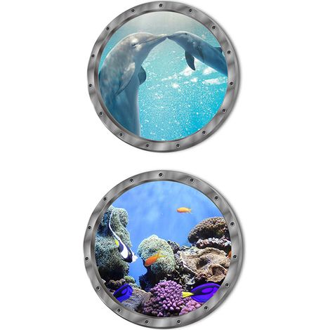 Lot de 4 Sticker mural, Hublot 3D monde sous-marin, Autocollant décoratif salle de bain, Surface lisse (1/5)