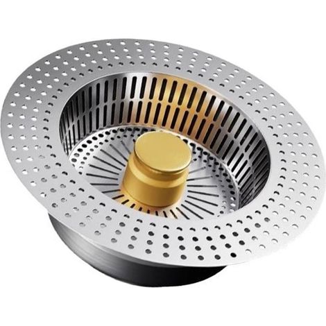 Colador de fregadero de acero inoxidable resistente con acabado dorado, cesta para recoger residuos de alimentos, 11 x 3,8 cm. (1/5)