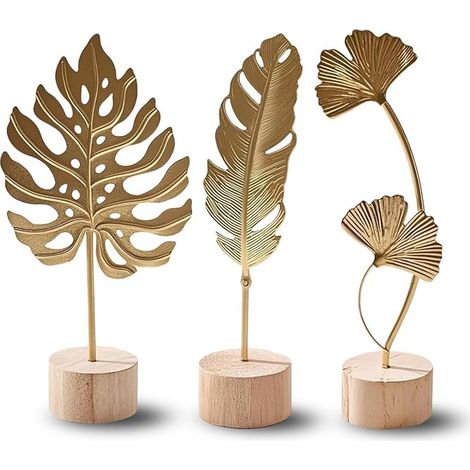 Set de Sculptures Décoratives Dorées – Feuille de Ginkgo, Monstera et Plume en Métal avec Socle en Bois, Statue Décoration Intérieur, Déco Salon Moderne, Décoration Bureau ou, Objet Art Maison (1/5)