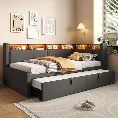 Lit Banquette Extensible 90x200 à 180x200 cm avec LED via Appli, Tête de Lit d’Angle Rembourrée et Étagères, Lin et MDF - Gris (Sans Matelas) (1/5)