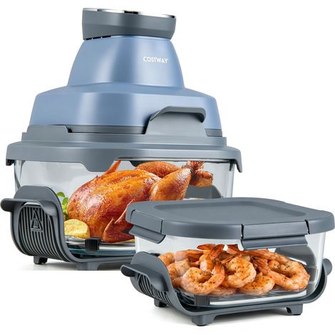 COSTWAY Friteuse sans Huile Portable 4 L ou 1,7 L, 1 500 W, Air Fryer avec 2 Récipients en Verre Empilables avec Couvercles, Design compact, 6 Programmes, Lavable au Lave-Vaisselle (Bleu) (1/5)