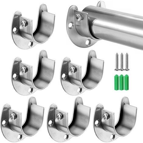 U-Shaped Wardrobe Rail Support, 6 Pcs Alloy Flange Rod Brackets with Screws, Round Tube Support for Closet Rail, Wardrobe Rail Support (1/5)