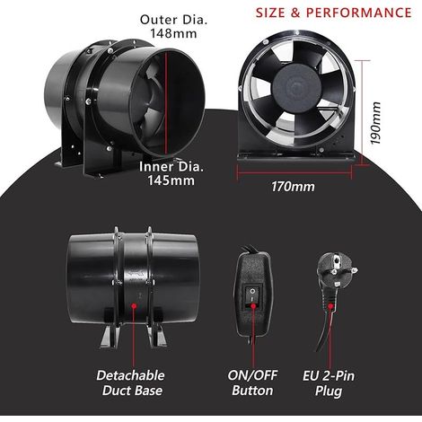 Extracteur d'air axial 150mm – Ventilateur de conduit avec 2m tuyau – Débit d'air élevé pour bureau, salle de bain, cuisine, hydroponique