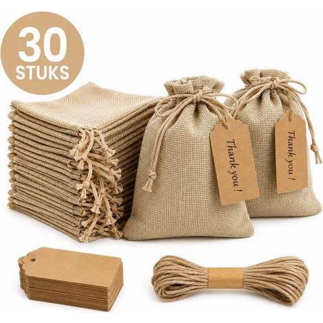 Lot de 30 sacs en jute - Sacs cadeaux avec étiquettes et ficelle - 10 x 15 cm - Sachets pour friandises