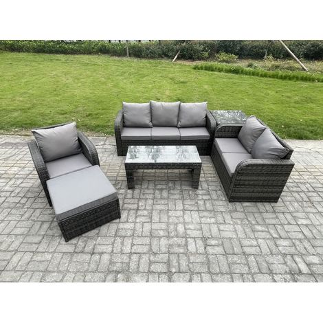 Fimous 7-Sitzer Polyrattan Gartenmöbelset Rattan Lounge Sofa Set mit Rechteckiger Couchtisch Liegestühle 2 Großer Hockern Beistelltisch Dunkelgrau Gemischt (1/5)