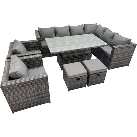 Fimous 10 Seater Rattan Height Adjustable Rising Lifting Table Corner Sofa Sets with 2 Chairs 2 Small Stools Dark Grey Mixed (1/5)