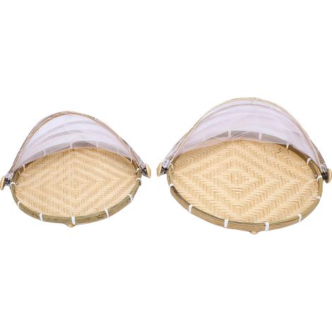 Panier de tente de service alimentaire, 2 pièces, tissé à la main, anti-poussière, stockage de légumes, Fruits et pain avec couverture de gaze en maille ronde (1/5)
