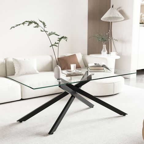 Table basse rectangulaire en verre trempé noir avec piètement en métal, design moderne, 120x60x46 cm (1/5)