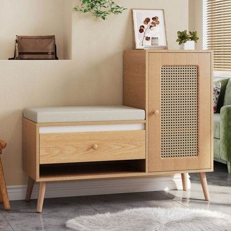 Schuhschrank für den Eingangsbereich - Rattan mit Bank - Atmungsaktür aus Rattan - Schublade - 4 verstellbare Regale (1/5)
