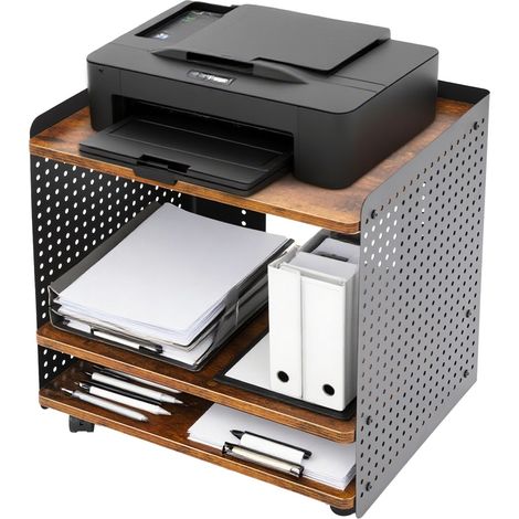Support d’Imprimante à 3 Niveaux avec roulettes, Marron, Table d'Imprimante 50x39x50 cm Meuble de Rangement Bureau Charge 40kg, Chariot Mobile pour Imprimante, Scanner et Papier (1/5)