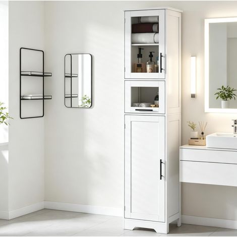 Freistehender Badhochschrank Weiß mit 1 Schublade, 2 Türen, verstellbaren Böden, 40x31x170 cm (1/5)