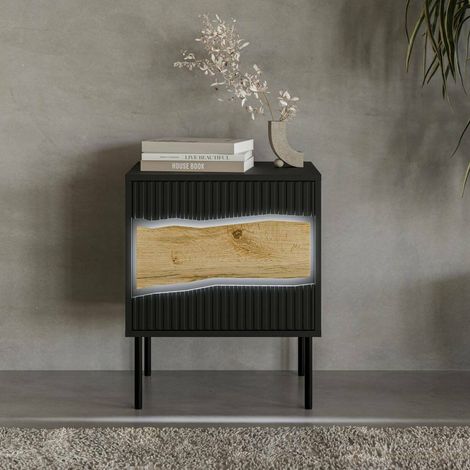 Conjunto de 2 mesitas de noche Ussana, Cómoda baja con puerta abatible y compartimento interior, Acabado efecto liso, 50x40 h62 cm, Nudos Negro y Roble (1/5)